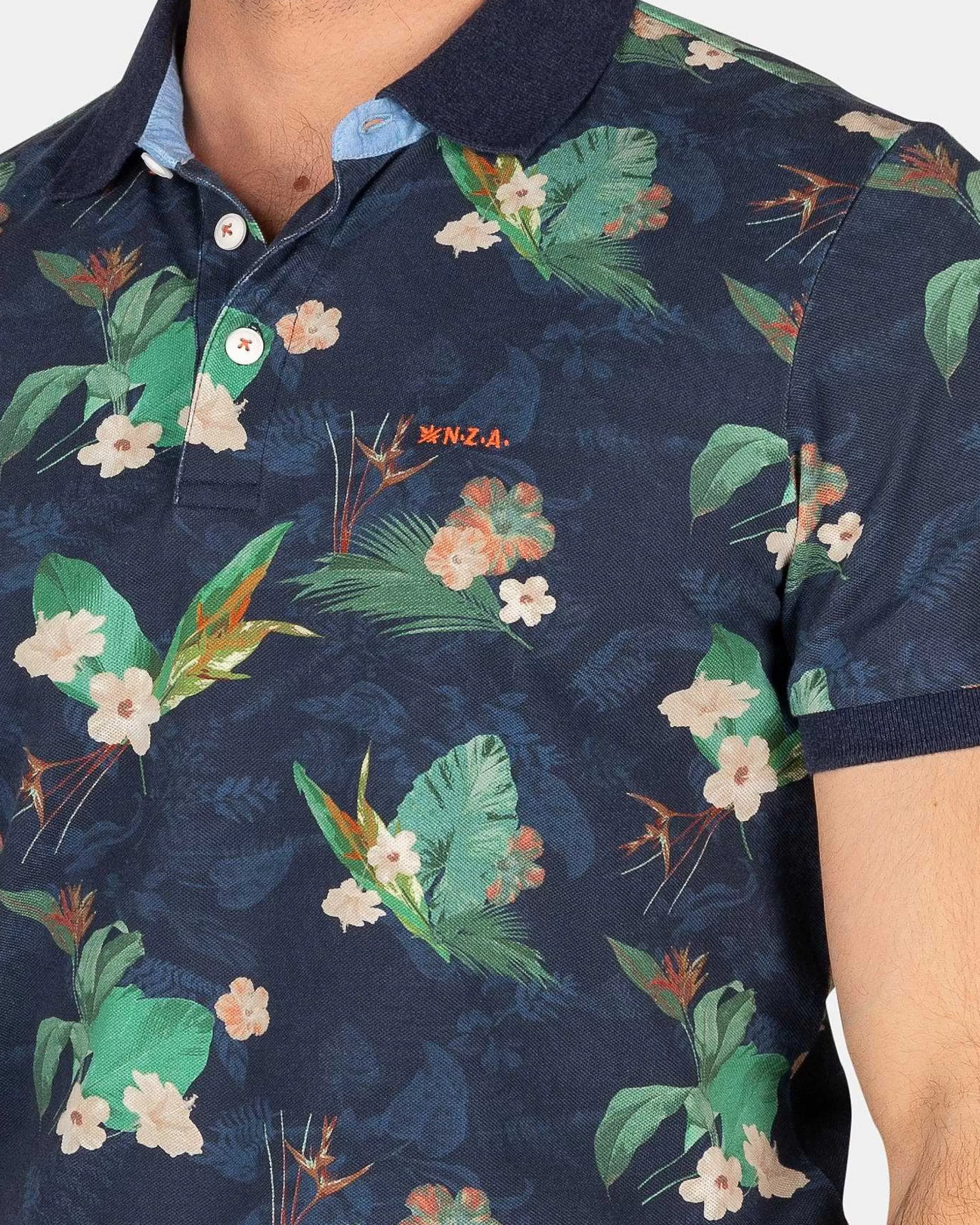 Sale NZA New Zealand Auckland Dunkelblaues Poloshirt Mit Blumen-Traditional Navy